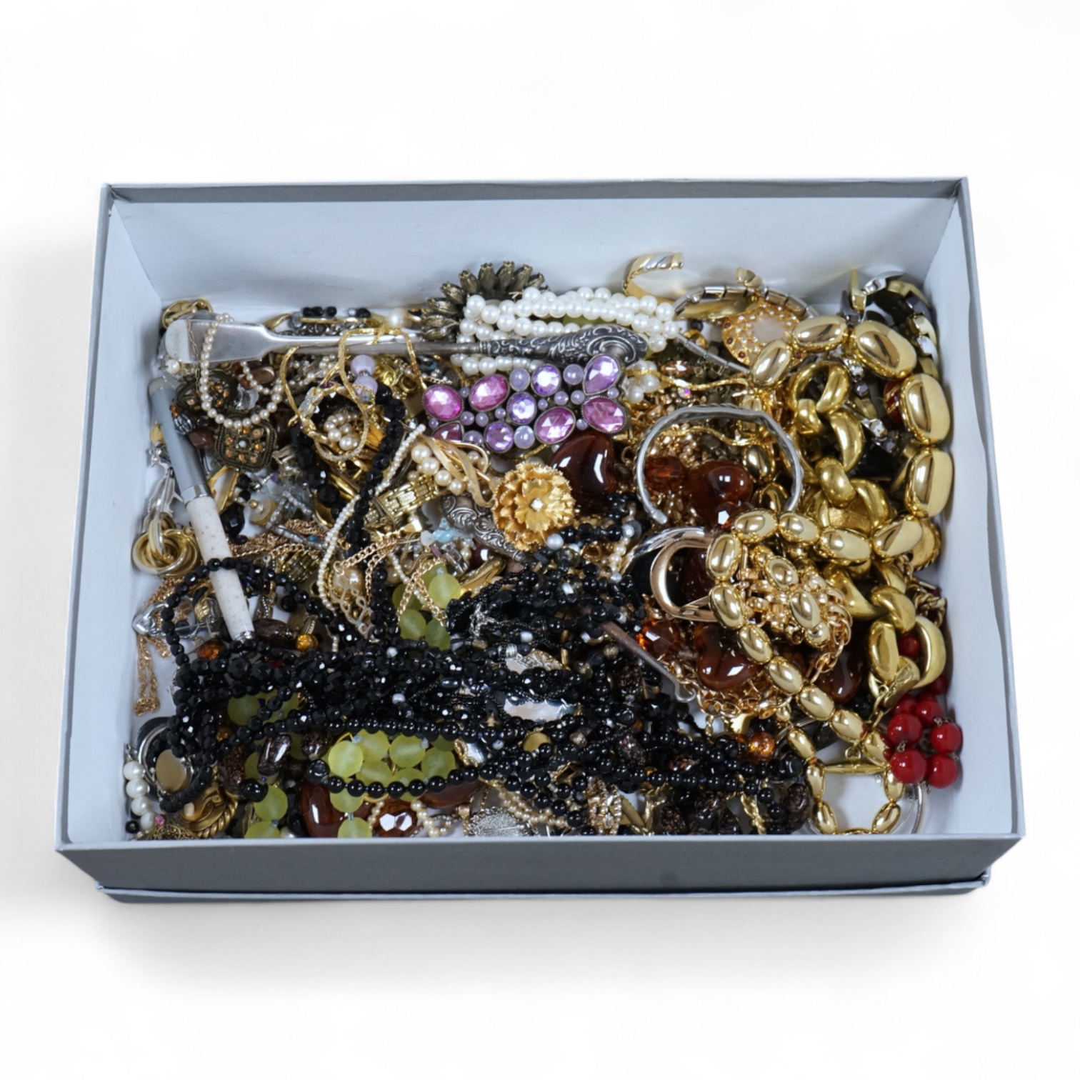 A quantity of assorted recent costume jewellery and two silver handled button hooks.